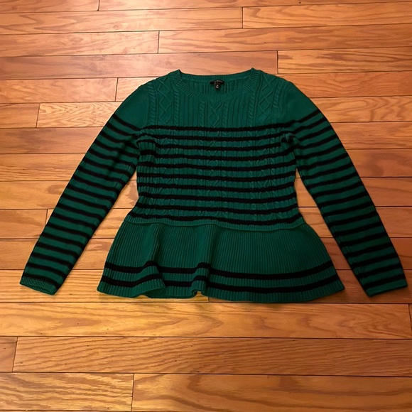 Talbots Sweaters - Talbots Sweater Womens Medium Green Black Striped Cable Knit Peplum